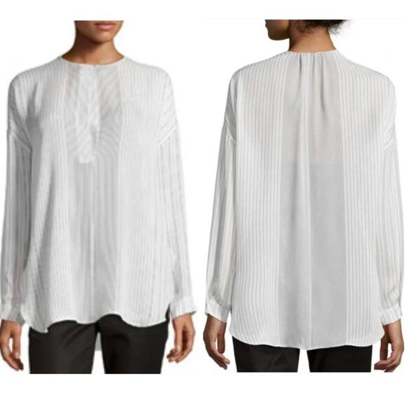 Vince Sheer White Stiped Silk Popover Blouse - Picture 2 of 9